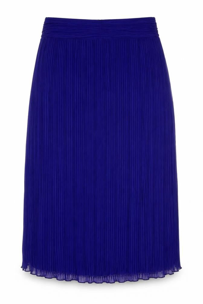 Front view of Per Una women’s blue polyester a-line skirt, size UK 16