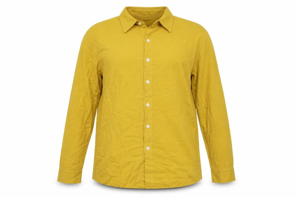 Front view of Ouku women’s yellow cotton tunic button-up, size L, collared
