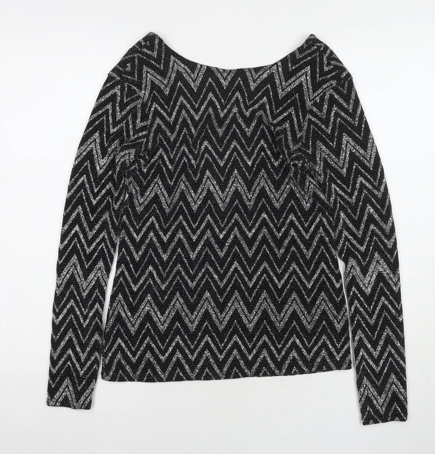 Boohoo Womens Black Geometric Polyester Basic Blouse Size 6 Round Neck