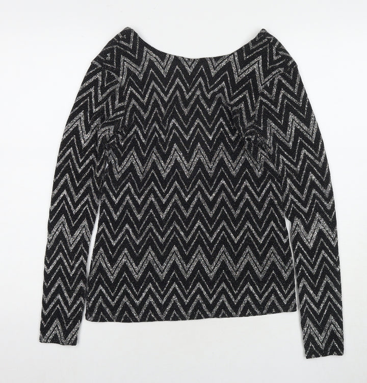 Boohoo Womens Black Geometric Polyester Basic Blouse Size 6 Round Neck