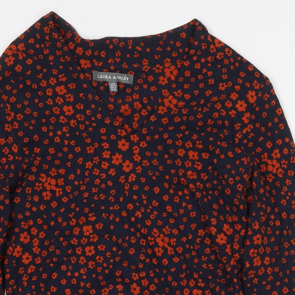 Laura Ashley Womens Blue Floral Viscose Basic Blouse Size 8 Round Neck