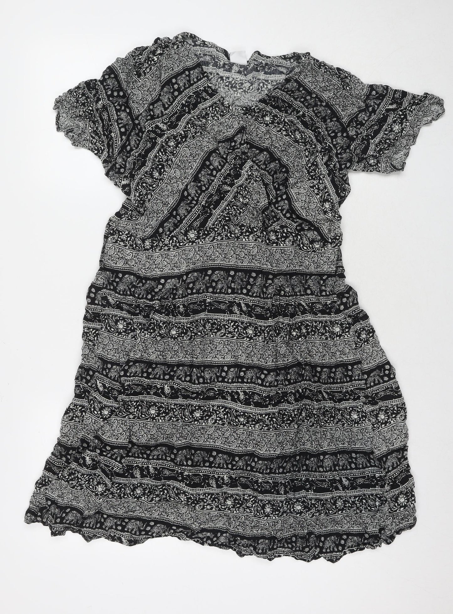 Cotton Traders Womens Black Geometric Viscose Fit & Flare Size 22 Collared Pullover
