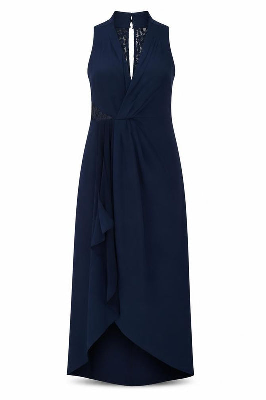 Front view of Coast women’s blue polyester maxi, size UK 14, round neck pullover