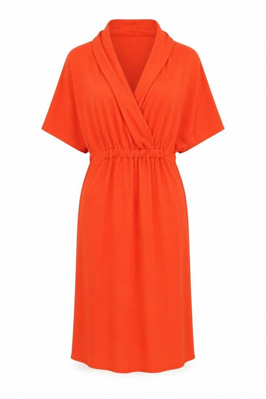Front view of ASOS women’s orange polyester a-line, size UK 8, v-neck pullover