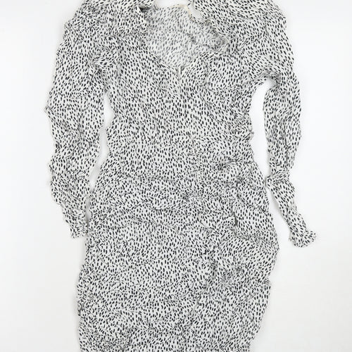 Zara Womens White Polka Dot Viscose A-Line Size S V-Neck Zip
