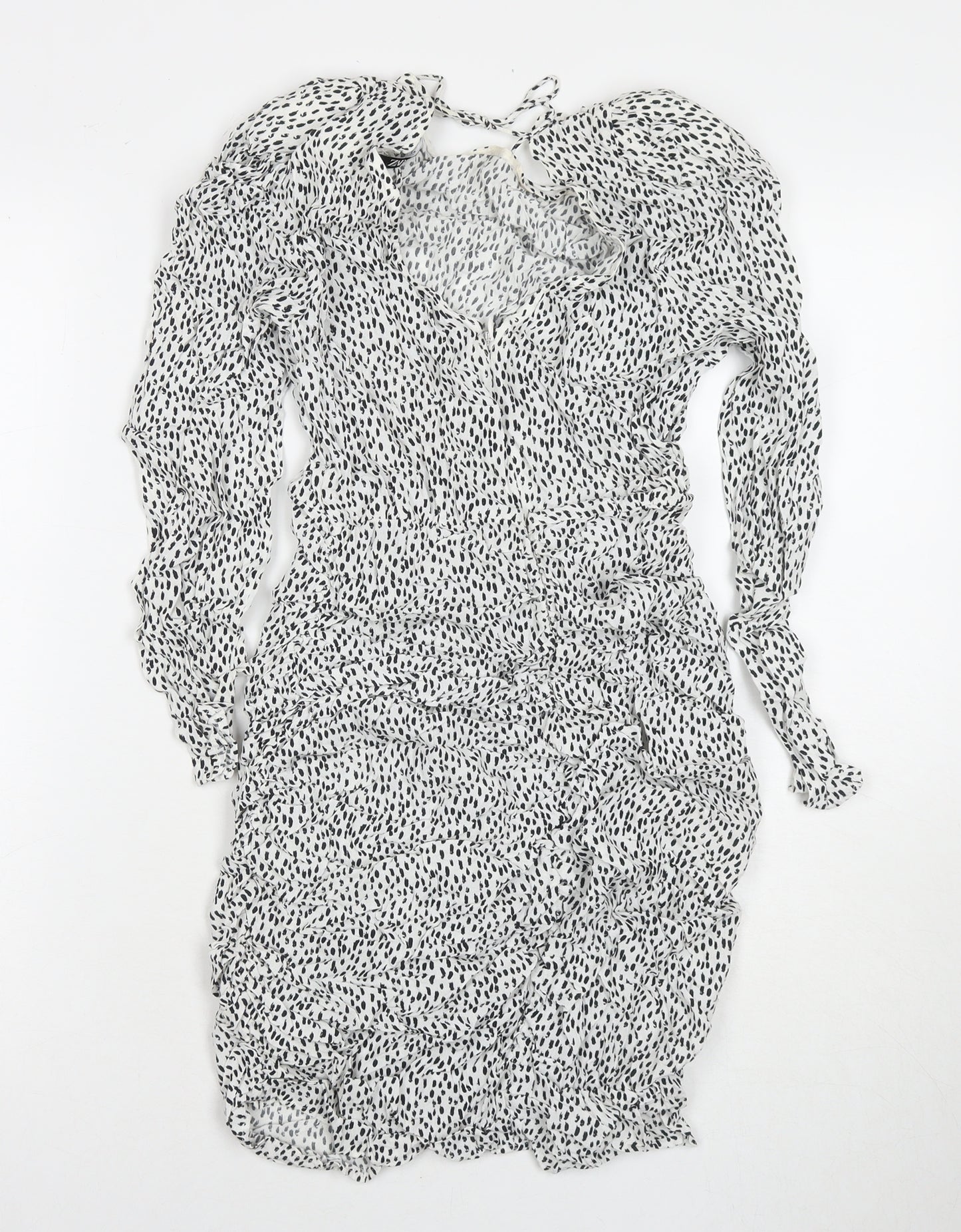 Zara Womens White Polka Dot Viscose A-Line Size S V-Neck Zip