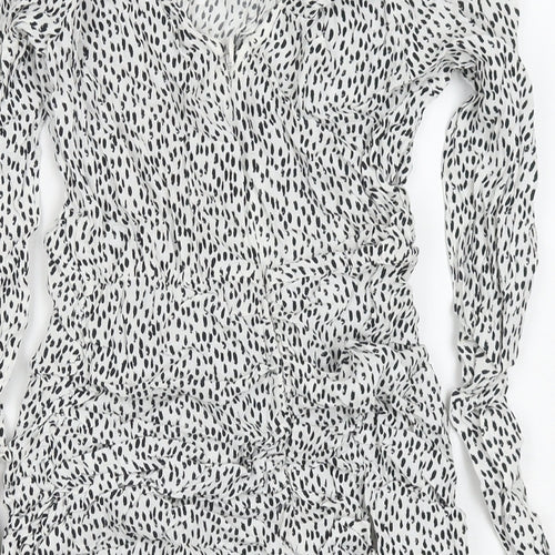 Zara Womens White Polka Dot Viscose A-Line Size S V-Neck Zip