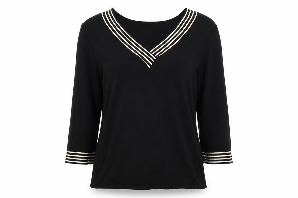 Front view of Just Elegance women’s black v-neck viscose jumper, size UK 12
