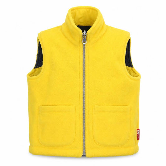 Front view of Gio Kids boys’ yellow gilet waistcoat, size 24, months zip - reversible