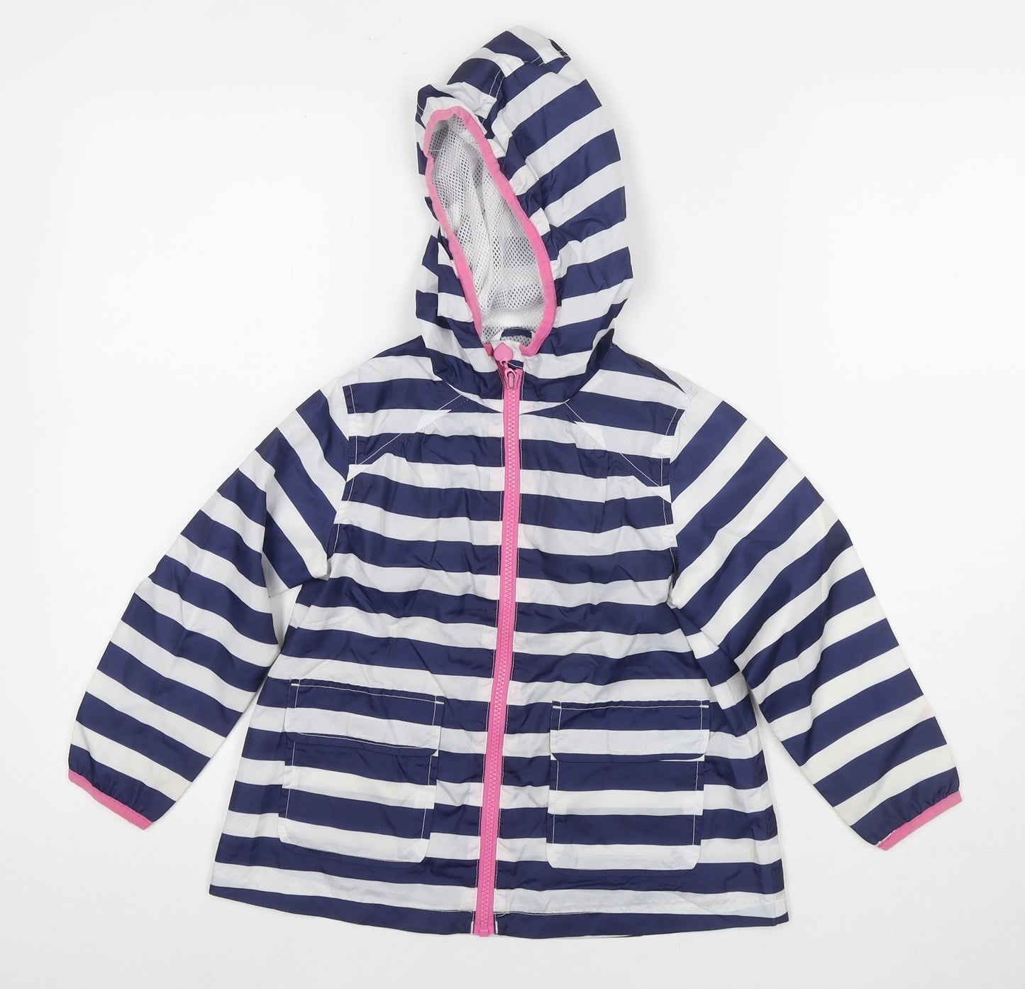 Marks and Spencer Girls Blue Striped Rain Coat Jacket Size 4-5 Years Zip