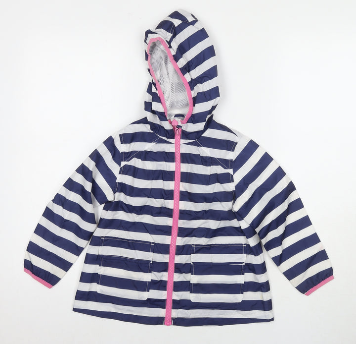 Marks and Spencer Girls Blue Striped Rain Coat Jacket Size 4-5 Years Zip
