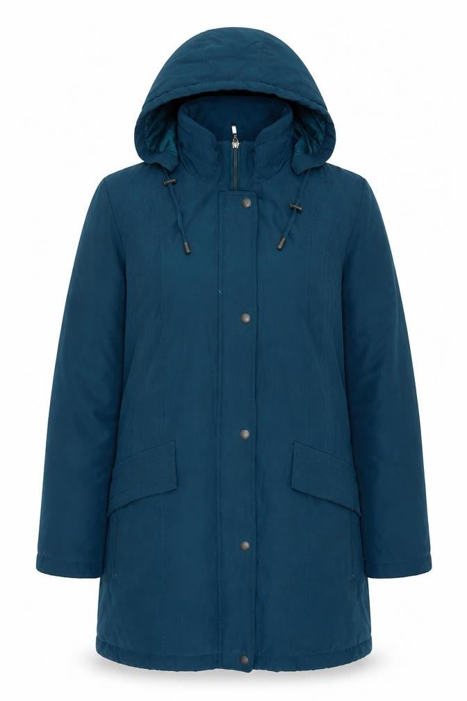 Front view of Bonmarché women’s blue trench coat coat, size M, zip