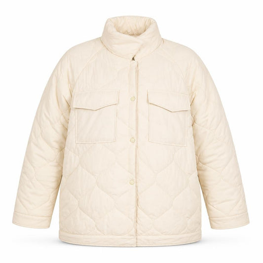 Front view of Kaiia women’s beige quilted jacket, size XL, snap