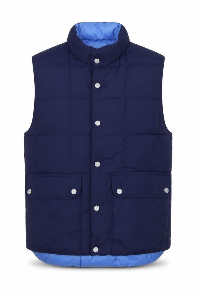 Front view of H&M men’s blue gilet waistcoat, size S, snap