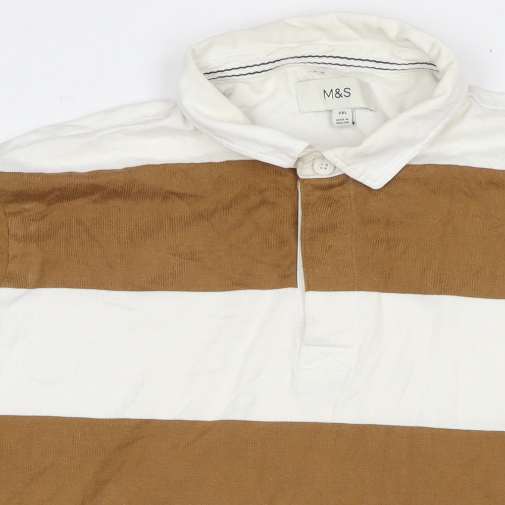 Marks and Spencer Mens Brown Striped Cotton Polo Size 2XL Collared Pullover