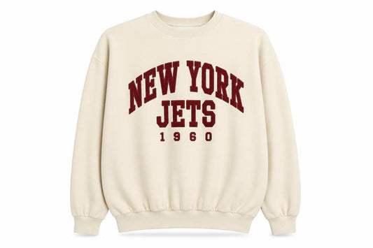 Front view of Amber women’s beige cotton pullover sweatshirt, size M, pullover - new york jets