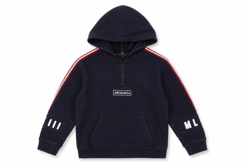 Front view of River Island boys’ blue cotton pullover hoodie, size 5-6, years zip