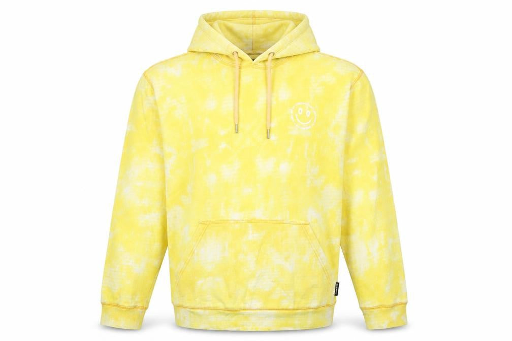 Front view of Distruct men’s yellow cotton pullover hoodie, size S