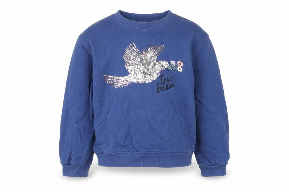 Front view of John Lewis girls’ blue cotton pullover sweatshirt, size 8, years pullover
