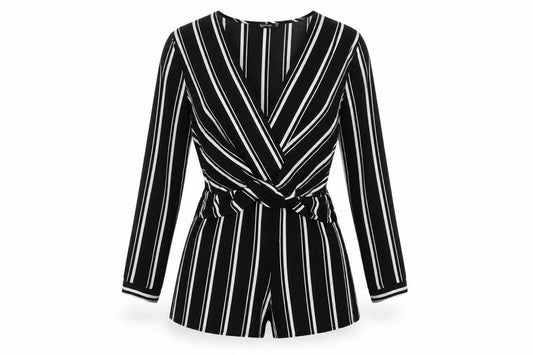 Front view of Boohoo women’s black striped polyester playsuit one-piece, size UK 10, pullover