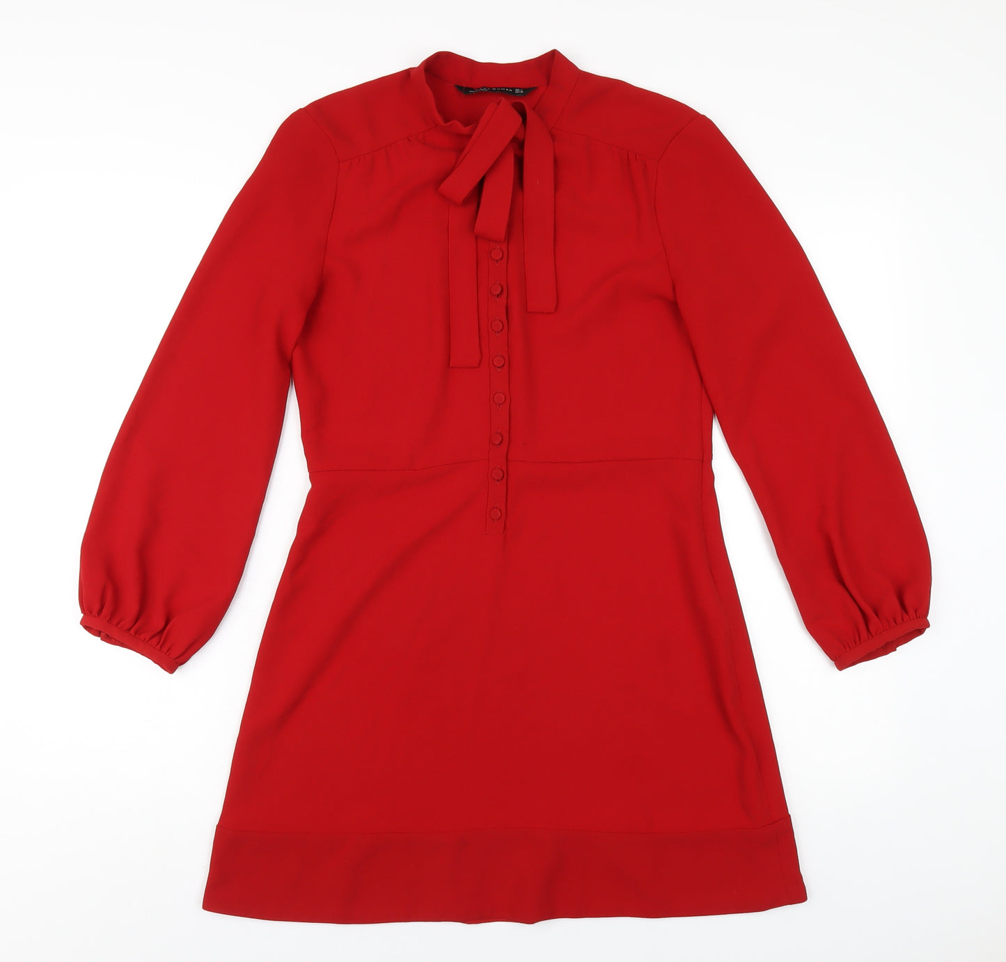 Zara Womens Red Polyester A-Line Size M Round Neck Button