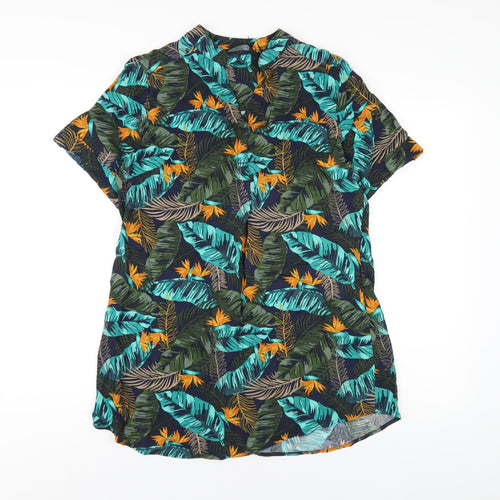 EWM Womens Blue Geometric Viscose Basic T-Shirt Size 10 V-Neck