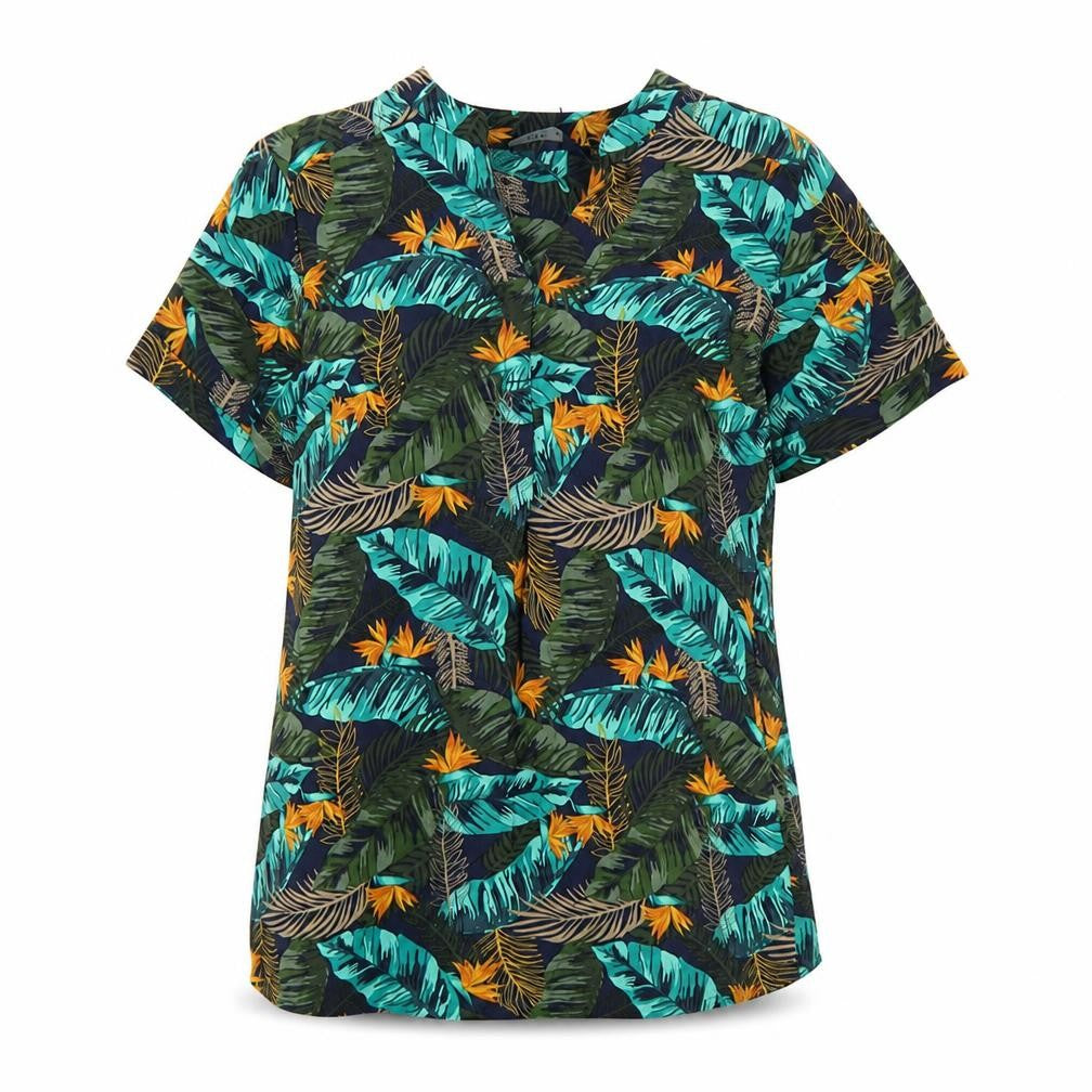 Front view of EWM women’s blue geometric viscose basic t-shirt, size UK 10, v-neck