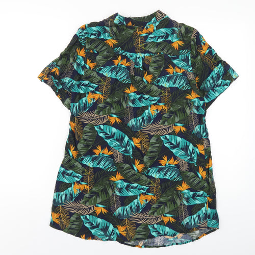 EWM Womens Blue Geometric Viscose Basic T-Shirt Size 10 V-Neck