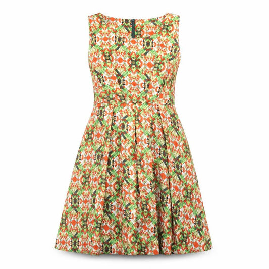 Front view of The Mod House women’s multicoloured geometric polyester a-line, size UK 8, round neck zip
