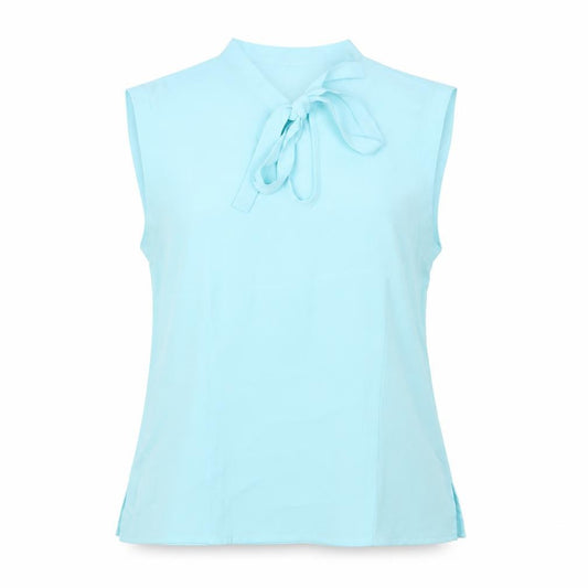Front view of Lakeland women’s blue polyester basic blouse, size UK 12, round neck