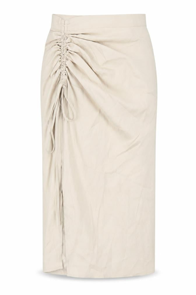 Front view of PRETTYLITTLETHING women’s beige polyester a-line skirt, size UK 10, zip