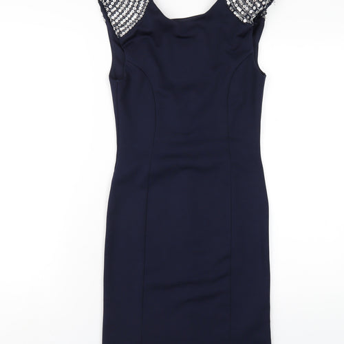 Miss Selfridge Womens Blue Polyester Bodycon Size 8 Round Neck Zip