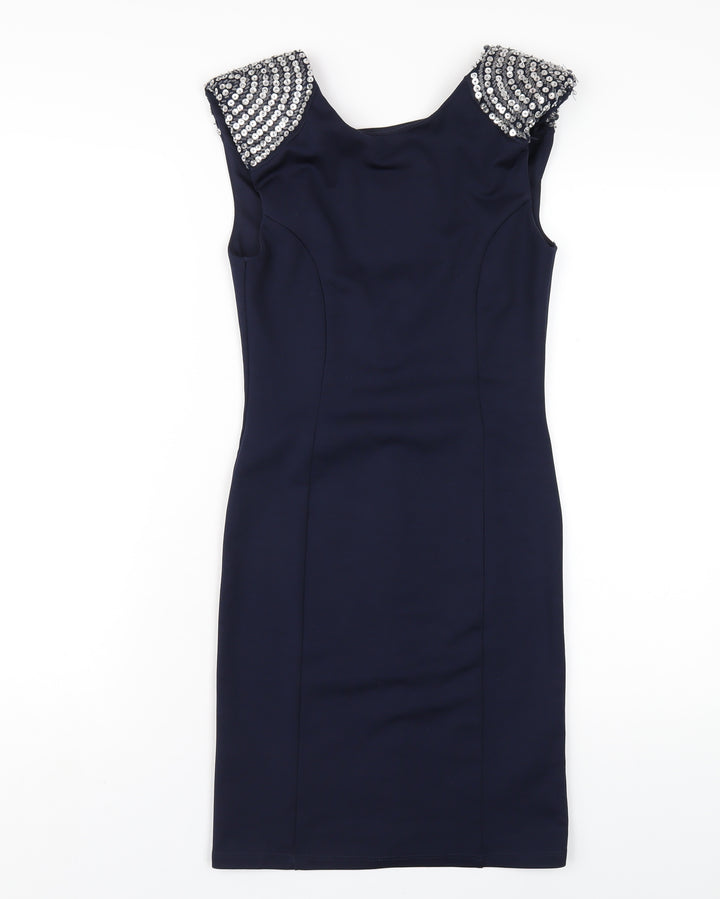 Miss Selfridge Womens Blue Polyester Bodycon Size 8 Round Neck Zip