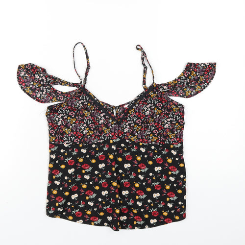 Miss Selfridge Womens Black Floral Polyester Camisole T-Shirt Size 8 V-Neck