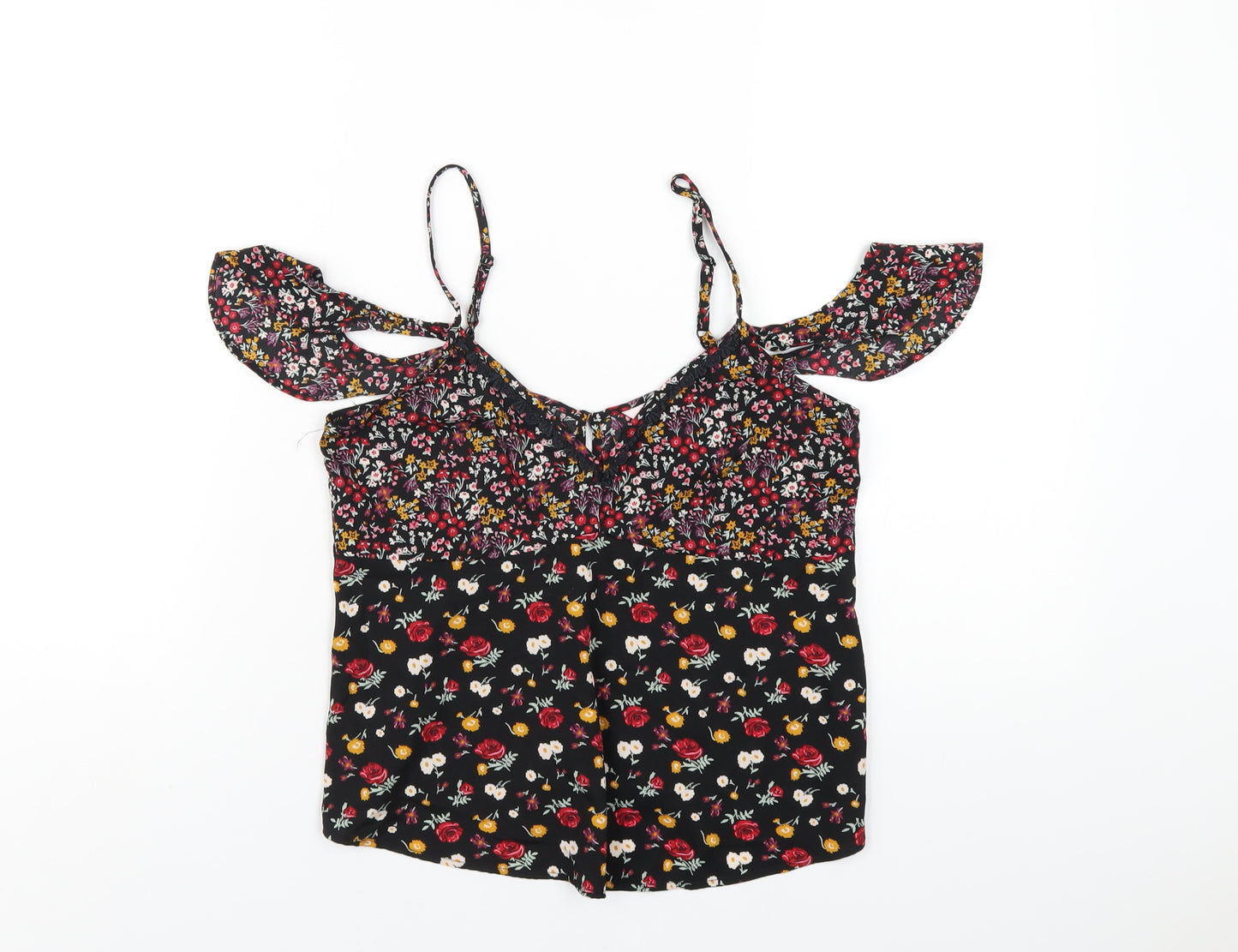 Miss Selfridge Womens Black Floral Polyester Camisole T-Shirt Size 8 V-Neck