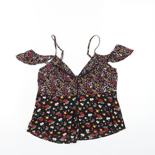Miss Selfridge Womens Black Floral Polyester Camisole T-Shirt Size 8 V-Neck