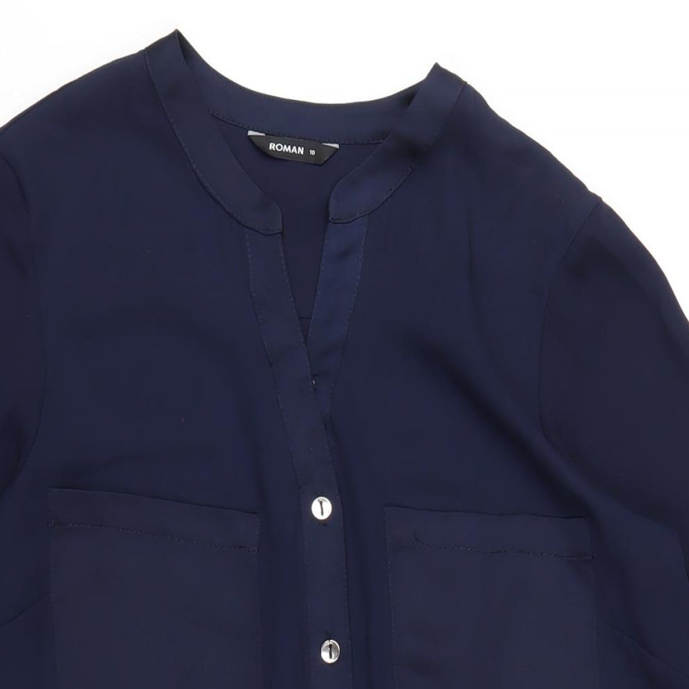 Roman Womens Blue Polyester A-Line Size 10 V-Neck Button