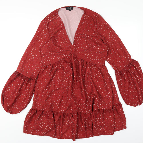 In the Style Womens Red Polka Dot Polyester A-Line Size 10 V-Neck Pullover