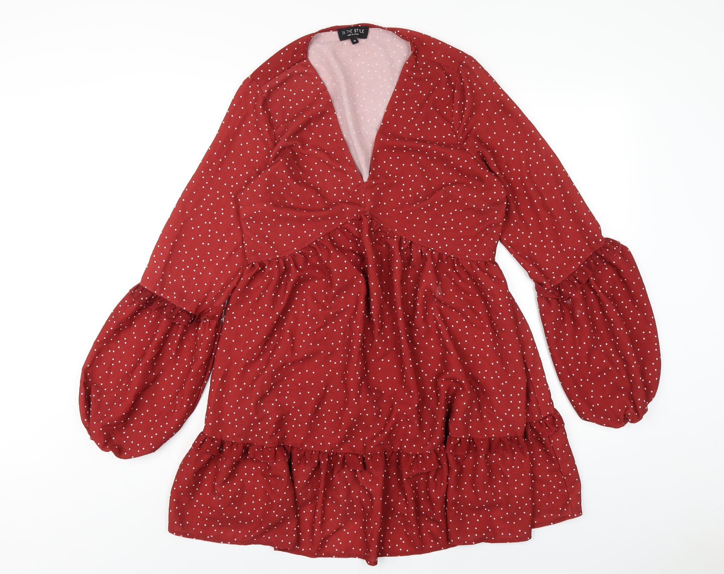 In the Style Womens Red Polka Dot Polyester A-Line Size 10 V-Neck Pullover