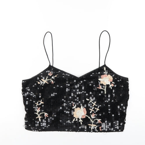 Topshop Womens Black Polyester Cropped T-Shirt Size 14 V-Neck