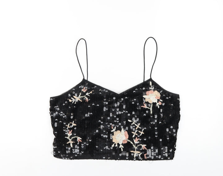 Topshop Womens Black Polyester Cropped T-Shirt Size 14 V-Neck