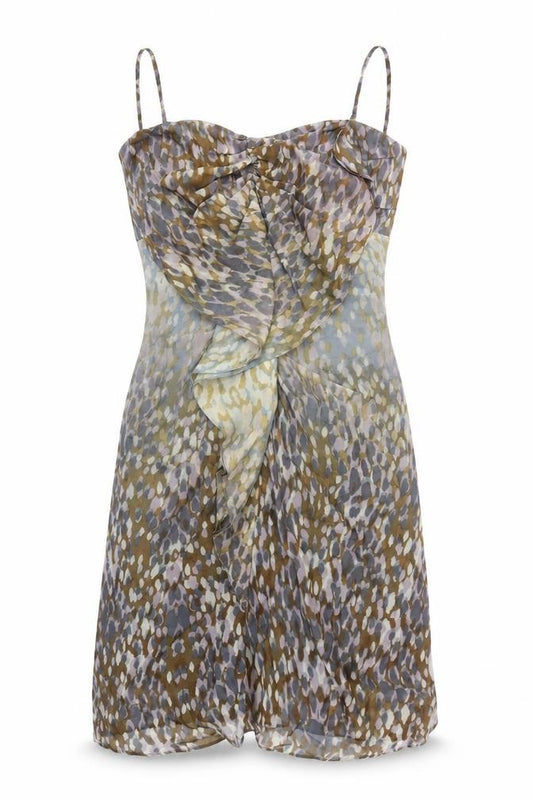 Front view of Almost Famous women’s multicoloured geometric silk a-line, size UK 12, sweetheart zip