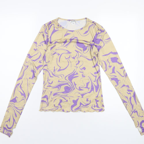 Monki Womens Beige Geometric Polyester Basic T-Shirt Size S Roll Neck