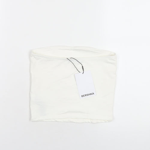Bershka Womens White Polyamide Basic T-Shirt Size S Square Neck