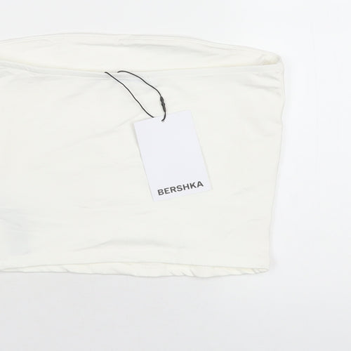 Bershka Womens White Polyamide Basic T-Shirt Size S Square Neck
