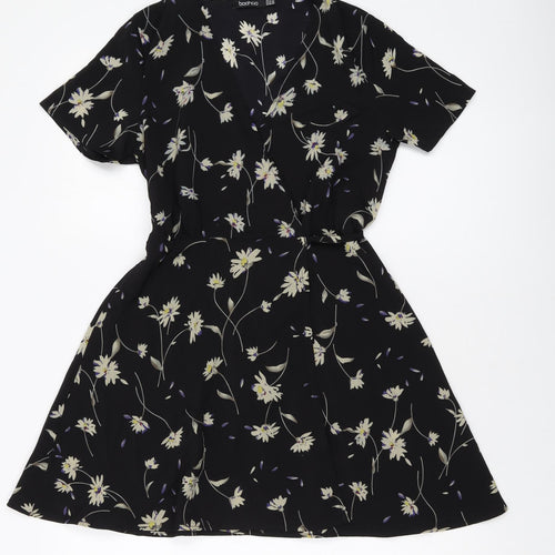Boohoo Womens Black Polyester Wrap Dress Size 4 V-Neck Tie