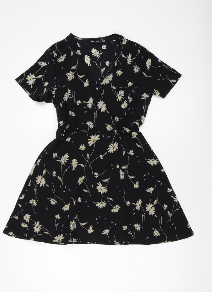 Boohoo Womens Black Polyester Wrap Dress Size 4 V-Neck Tie