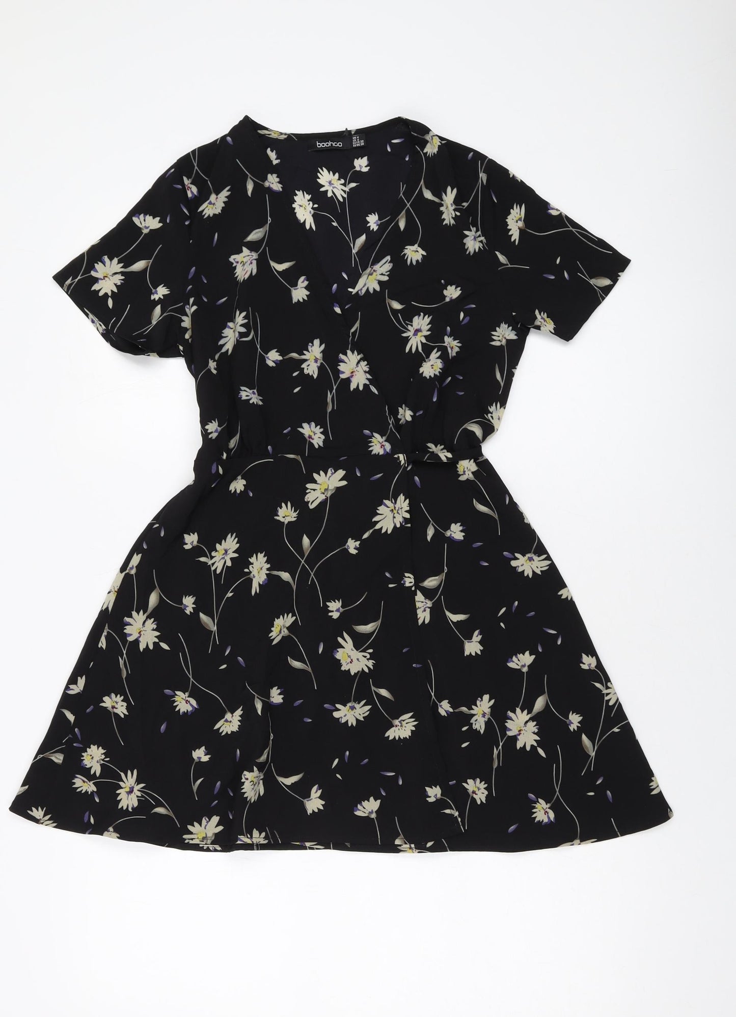 Boohoo Womens Black Polyester Wrap Dress Size 4 V-Neck Tie