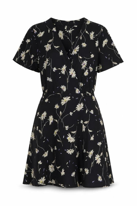 Front view of Boohoo women’s black polyester wrap dress, size UK 4, v-neck tie