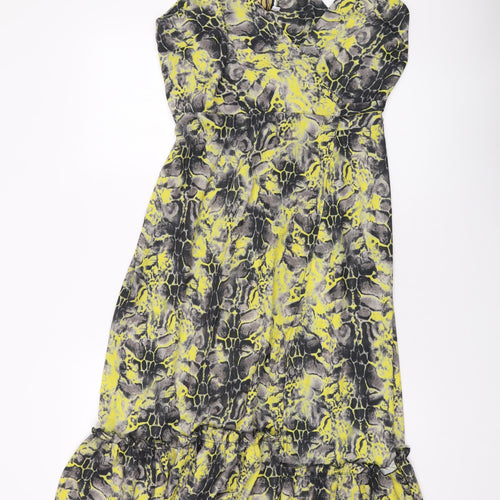 Libby Loves Womens Yellow Geometric Polyester Wrap Dress Size 10 V-Neck Tie